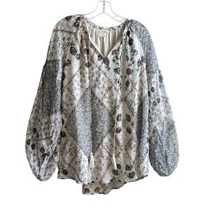 Sweet Magnolia Boho Floral Printed Patchwork Tunic Blouse